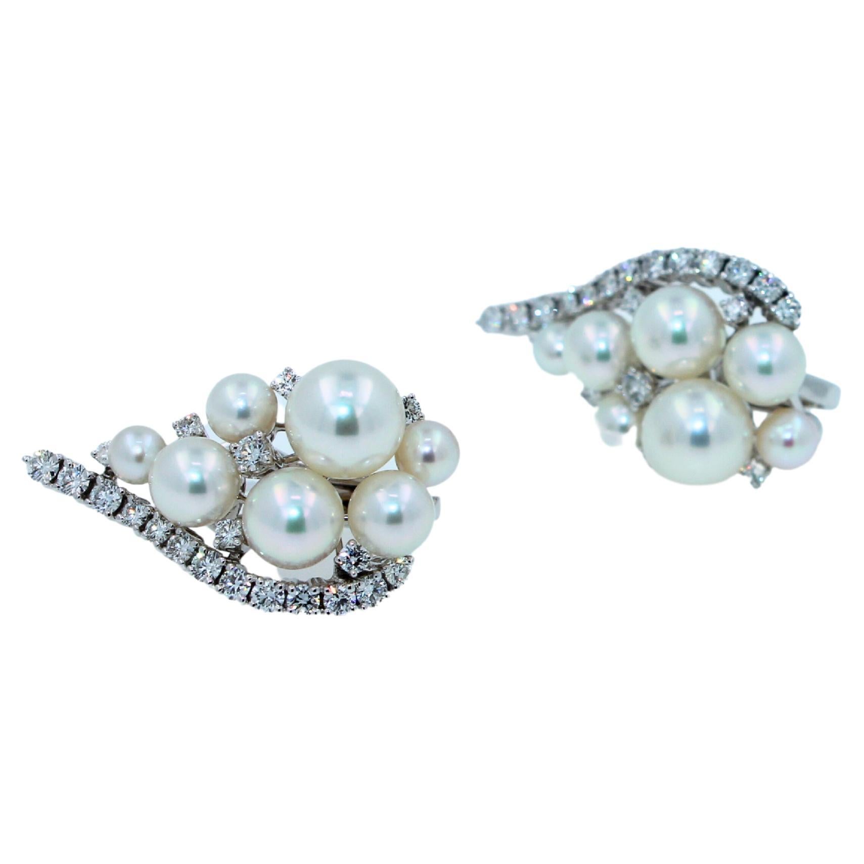 Japanese White Akoya Pearl 18K White Gold Luxury Grapes Crown Diamond Earrings In New Condition For Sale In Oakton, VA