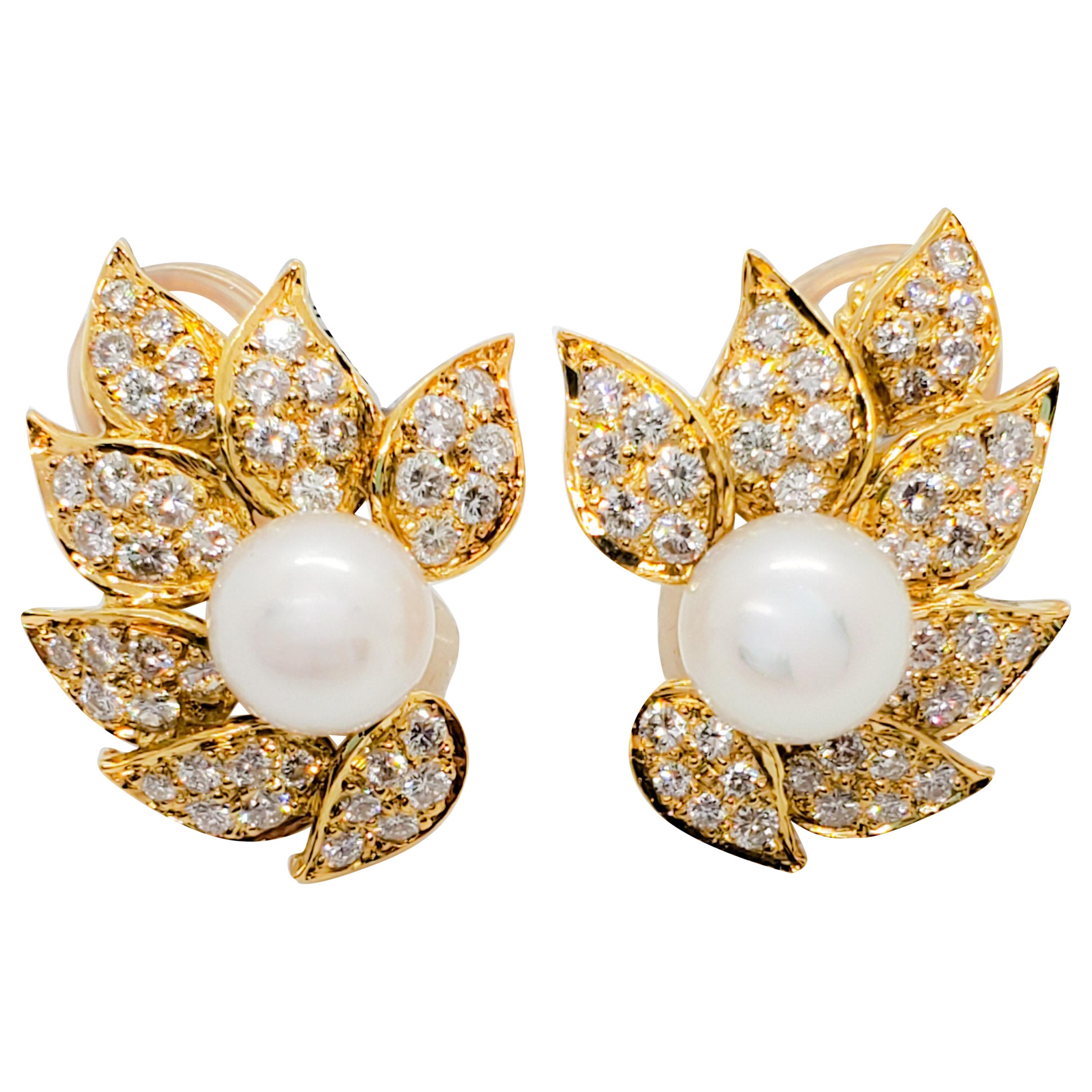 Japanese White Akoya Pearl and Diamond Leaf Earrings in 18 Karat Yellow Gold