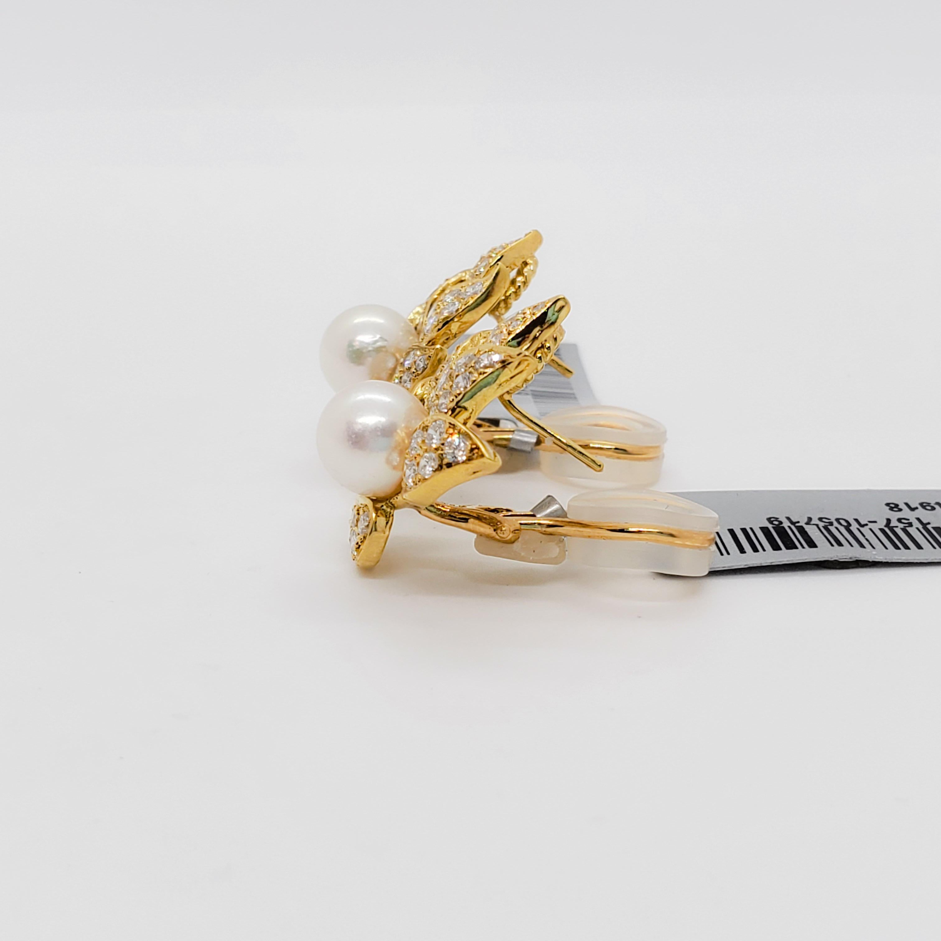 Round Cut Japanese White Akoya Pearl and Diamond Leaf Earrings in 18 Karat Yellow Gold