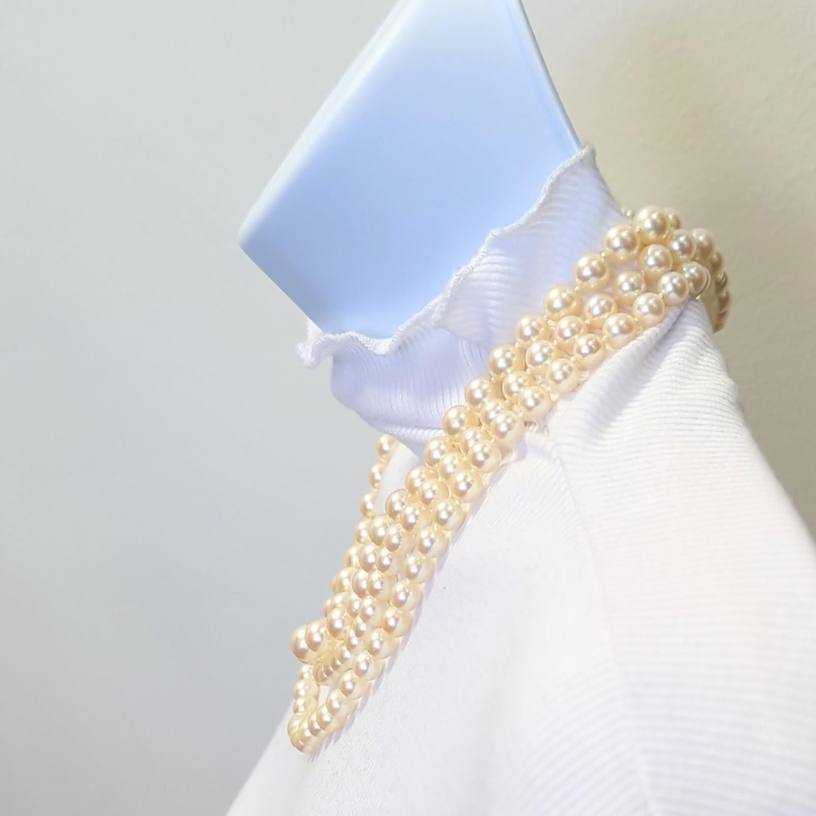 Round Cut Japanese White Akoya Pearl and White Diamond Long Necklace in 18K Yellow Gold For Sale