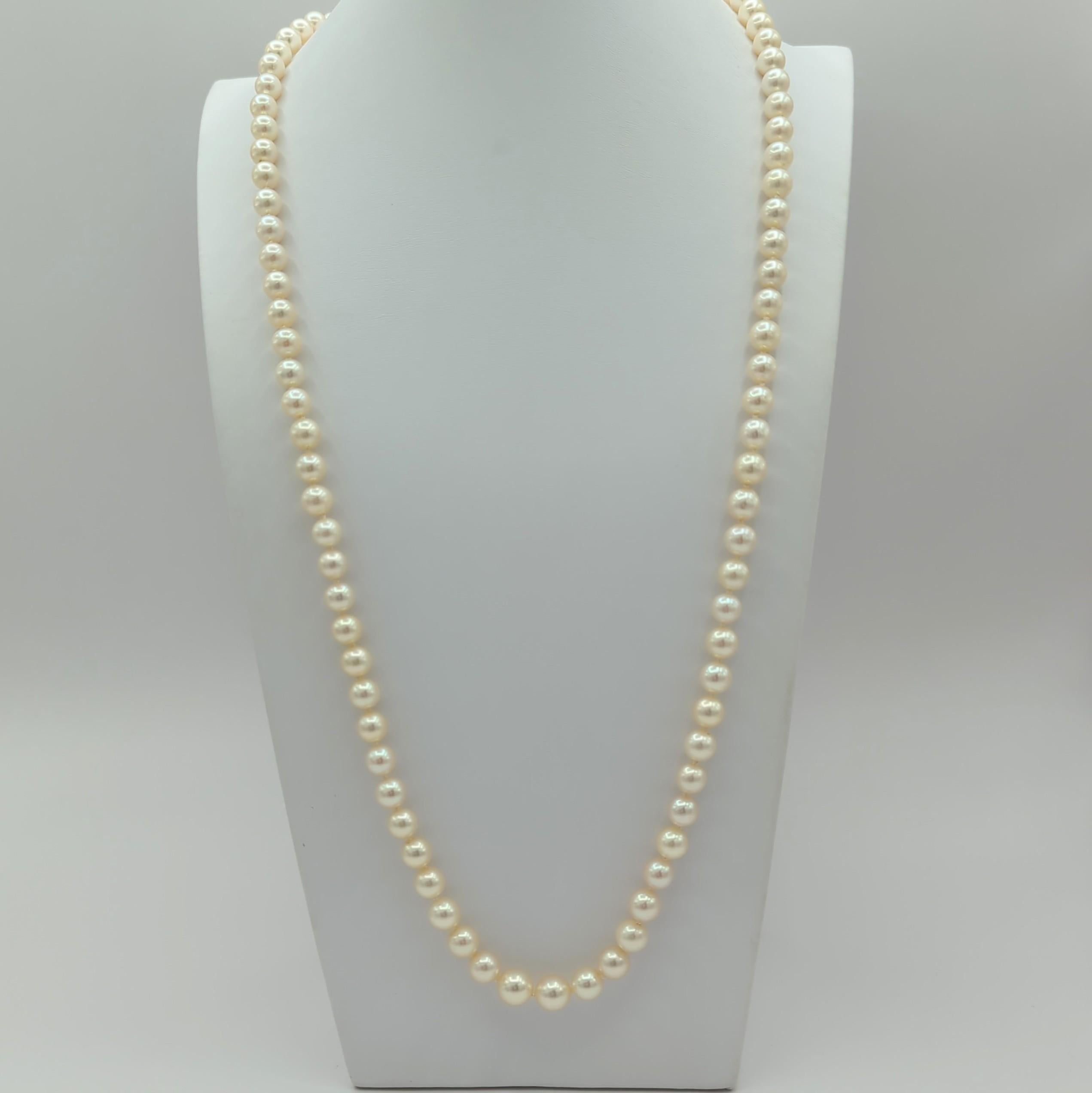 Women's or Men's Japanese White Akoya Pearl and White Diamond Long Necklace in 18K Yellow Gold For Sale