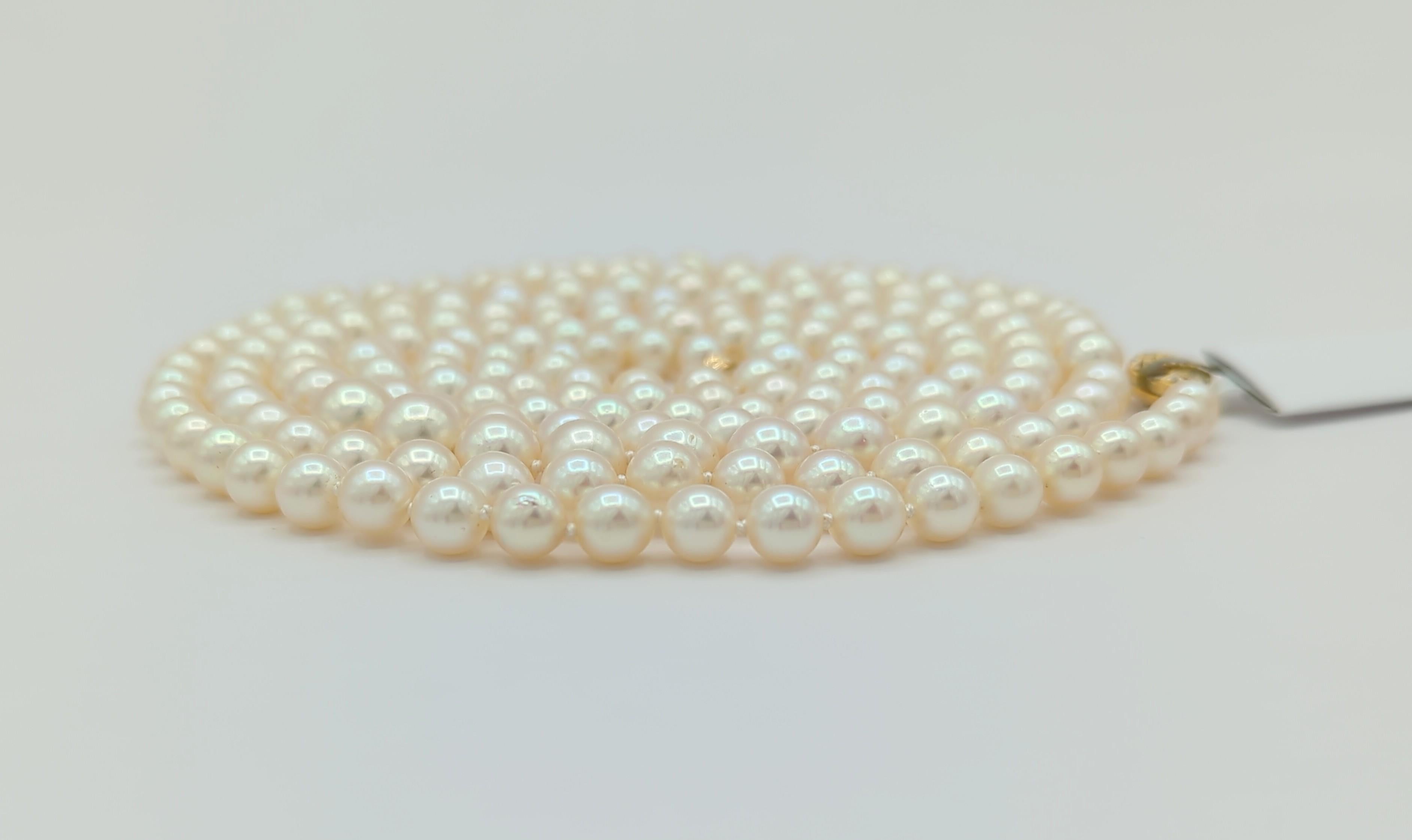 Japanese White Akoya Pearl and White Diamond Long Necklace in 18K Yellow Gold For Sale 2