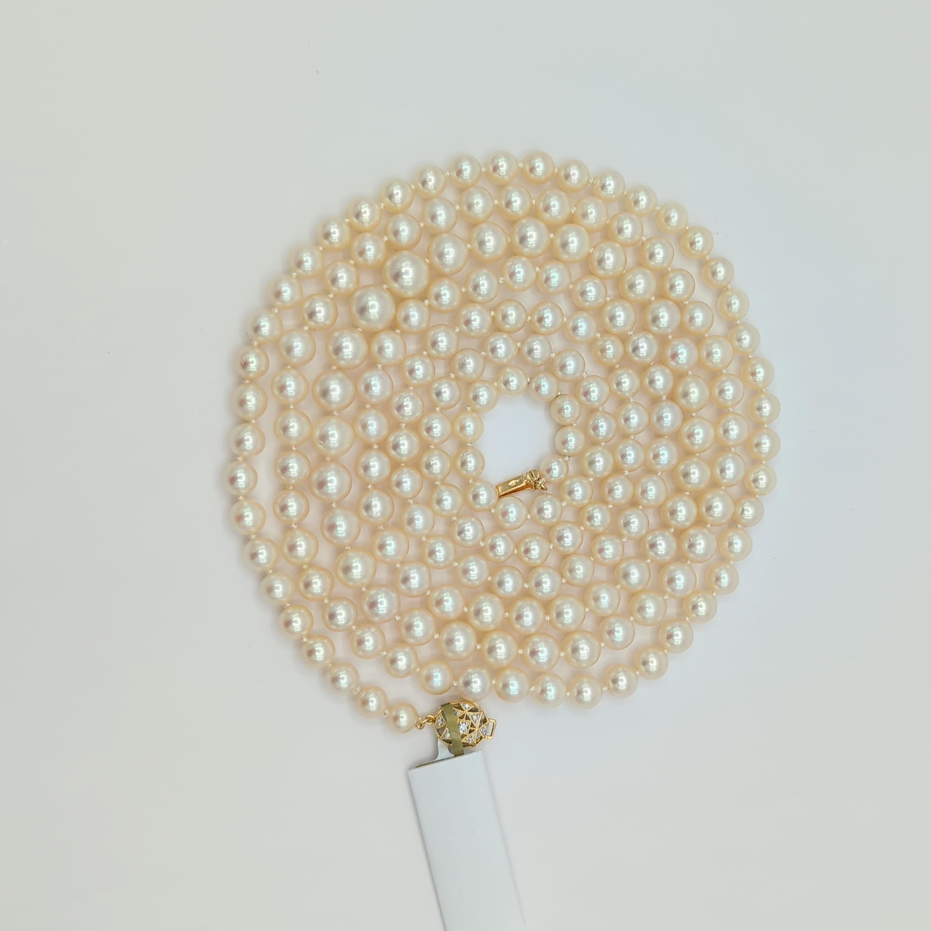 Japanese White Akoya Pearl and White Diamond Long Necklace in 18K Yellow Gold For Sale 3
