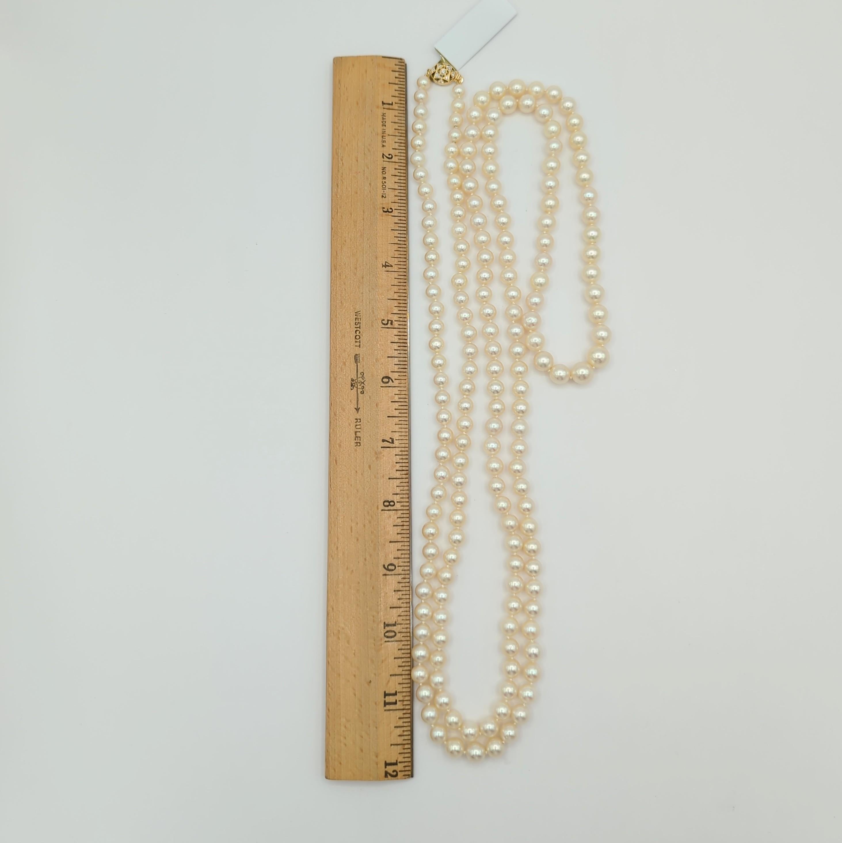 Japanese White Akoya Pearl and White Diamond Long Necklace in 18K Yellow Gold For Sale 4