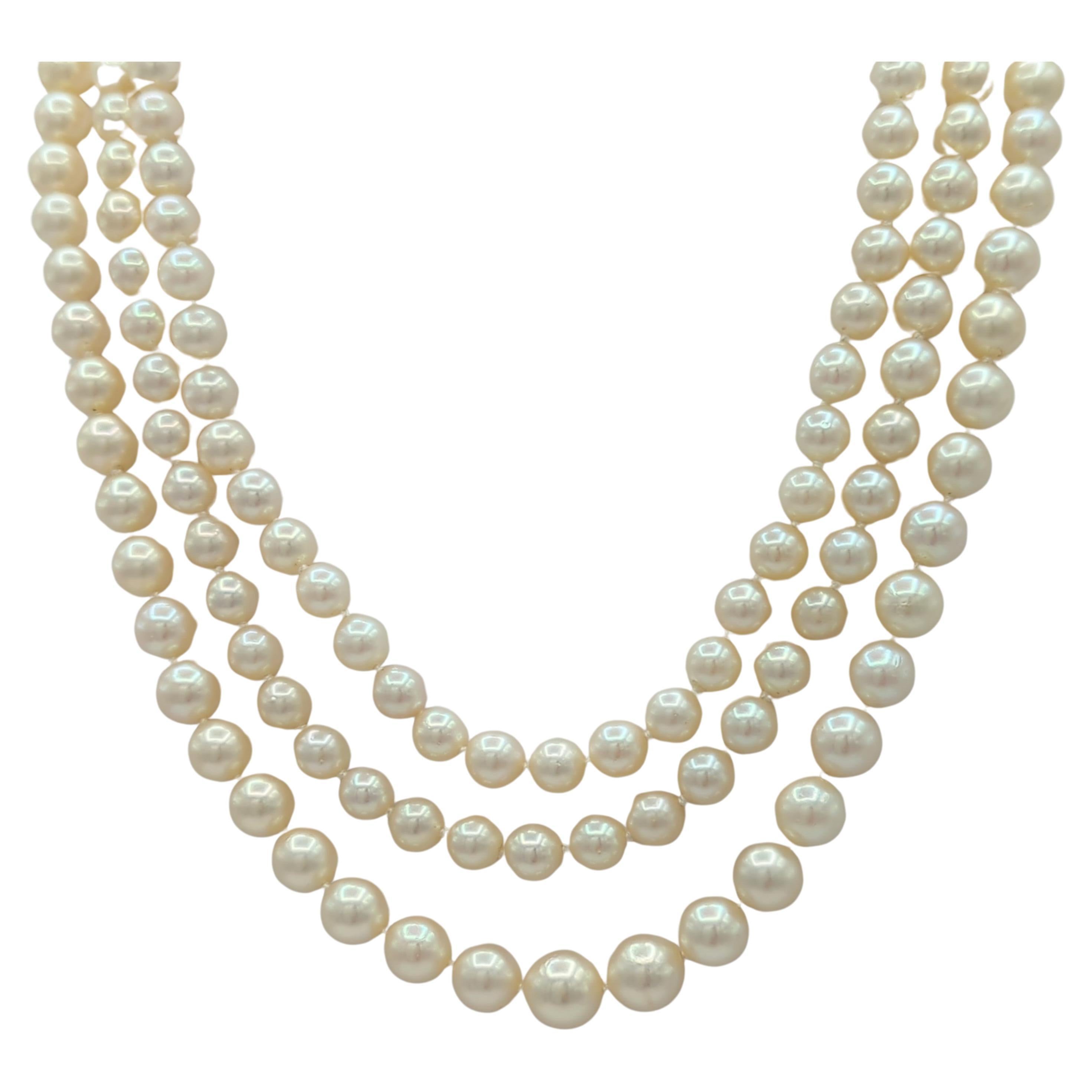 Japanese White Akoya Pearl and White Diamond Long Necklace in 18K Yellow Gold For Sale
