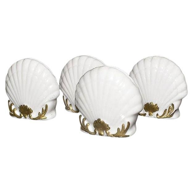 Japanese White Ceramic Shell Place Card Holders with Gold Floral Detail Set of 4 For Sale