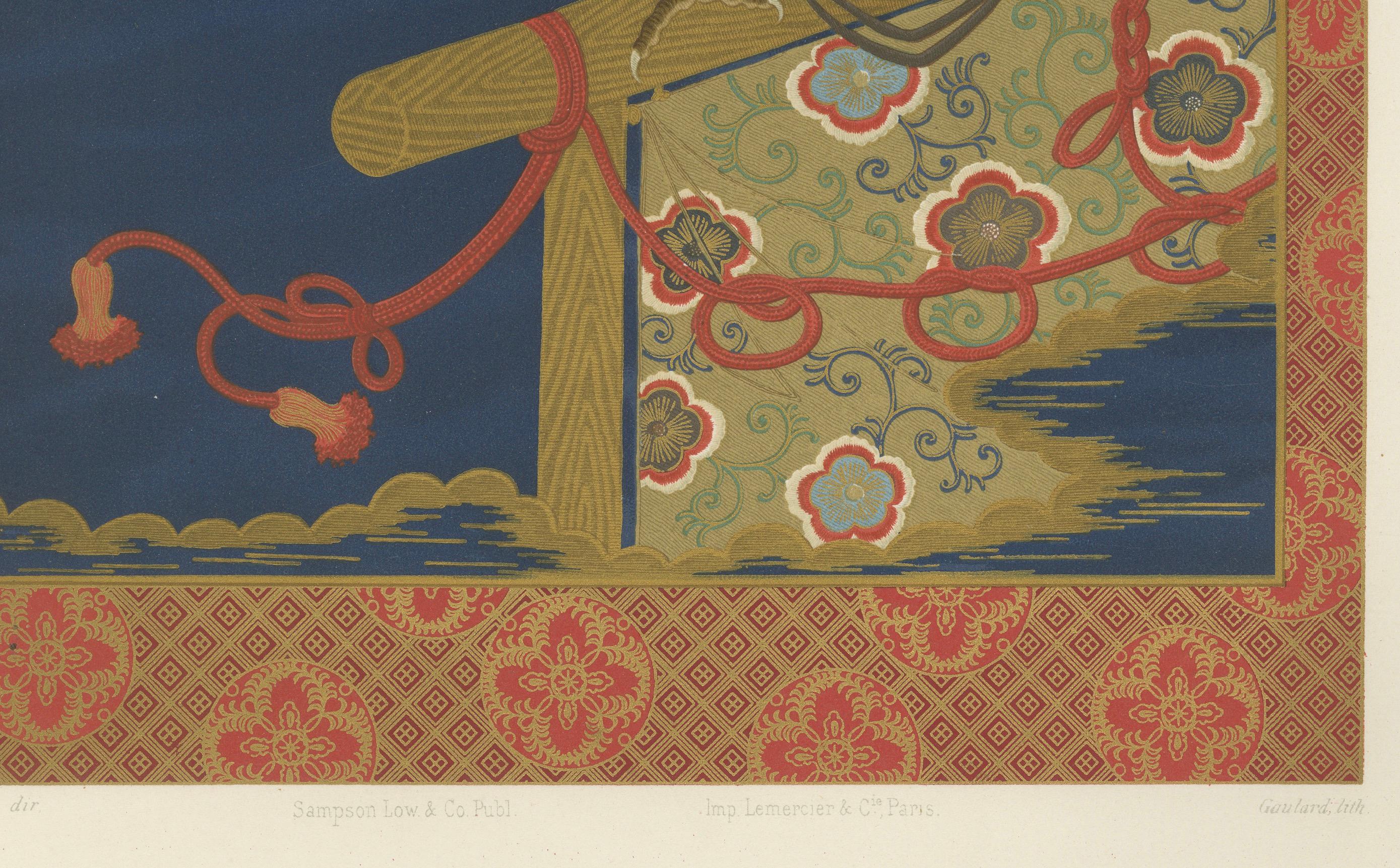 Faucon blanc japonais sur une branche de pin : Lithographie ancienne, années 1880 Bon état - En vente à Langweer, NL