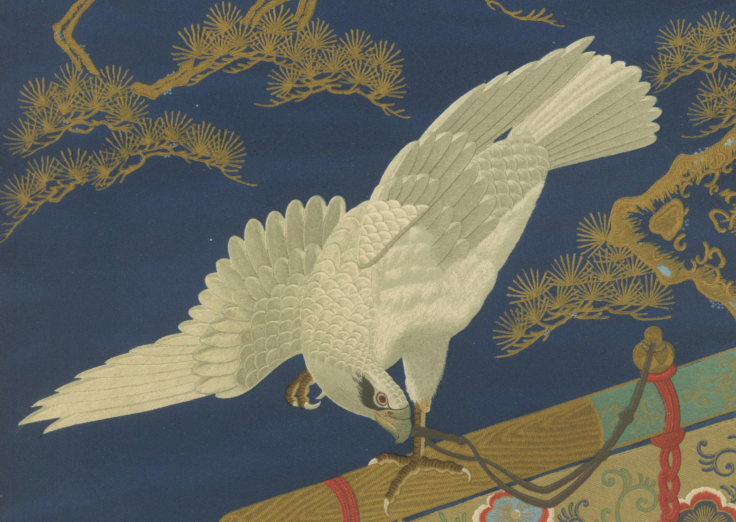 Fin du XIXe siècle Faucon blanc japonais sur une branche de pin : Lithographie ancienne, années 1880 en vente