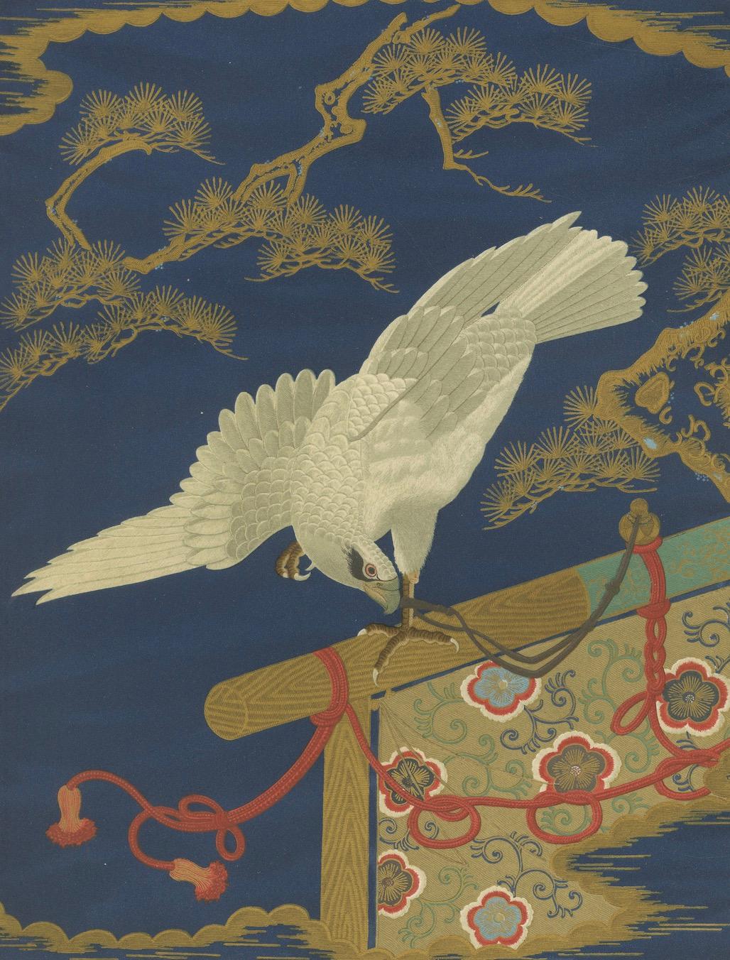 Papier Faucon blanc japonais sur une branche de pin : Lithographie ancienne, années 1880 en vente