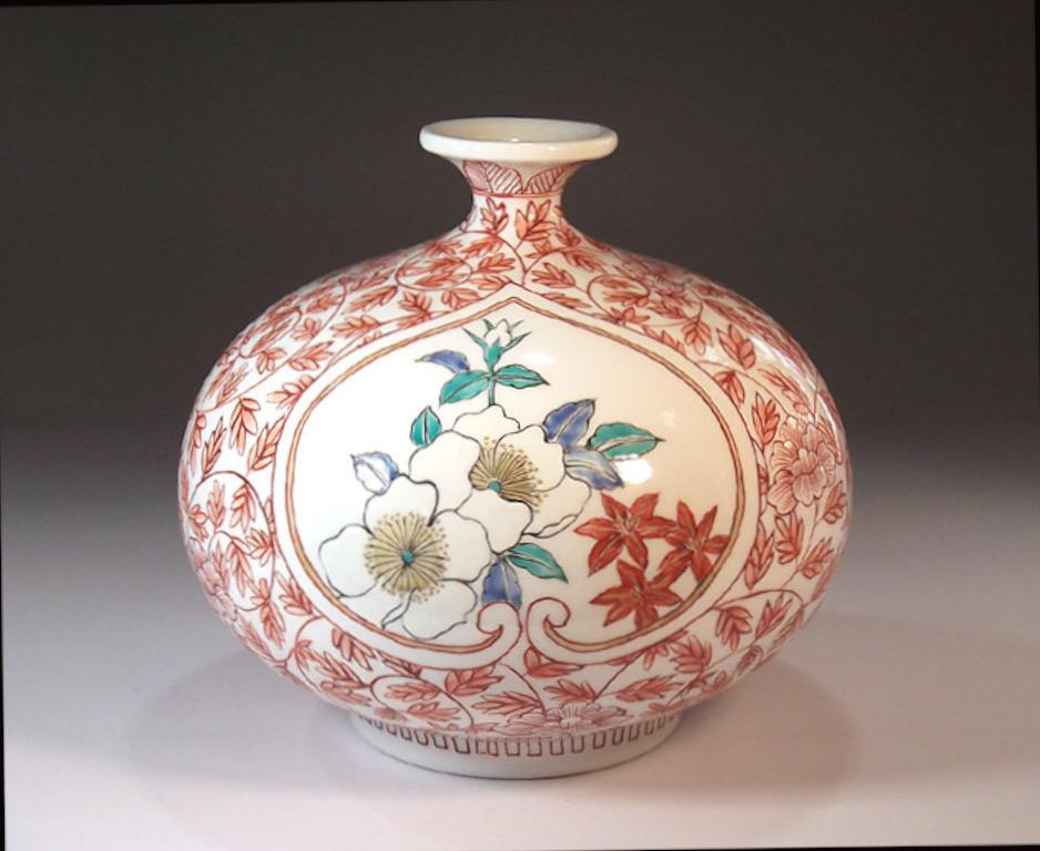 Meiji Japanese White Pink Green Porcelain Vase by Contemporary Master Artist For Sale