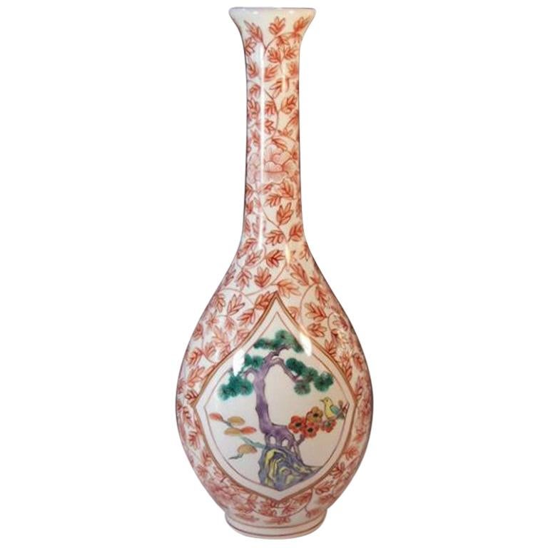 Japanese White Red Green Porcelain Vase by Contemporary Master Artist