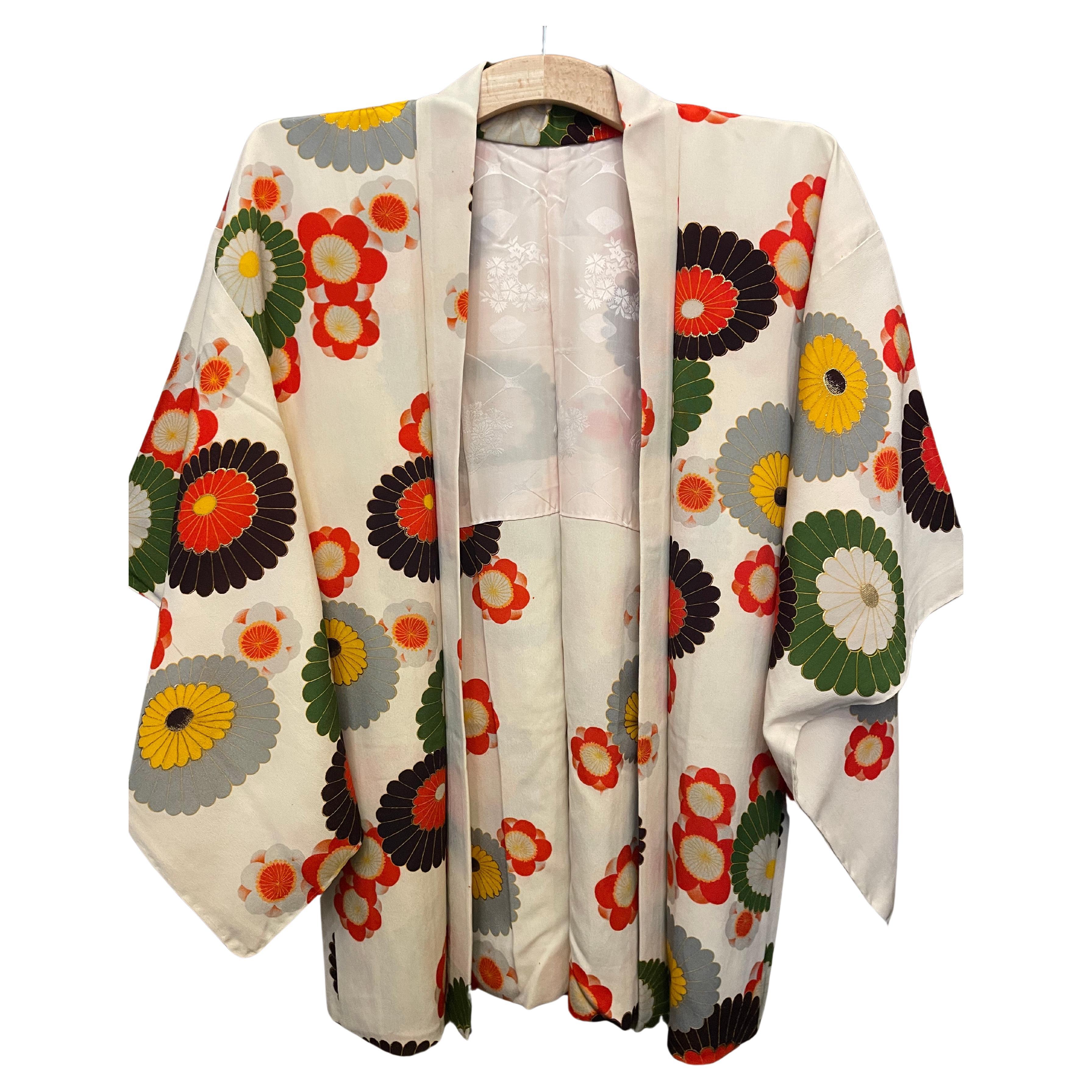 Japanese White Silk Haori Jacket with Colourful Flowers 1980s