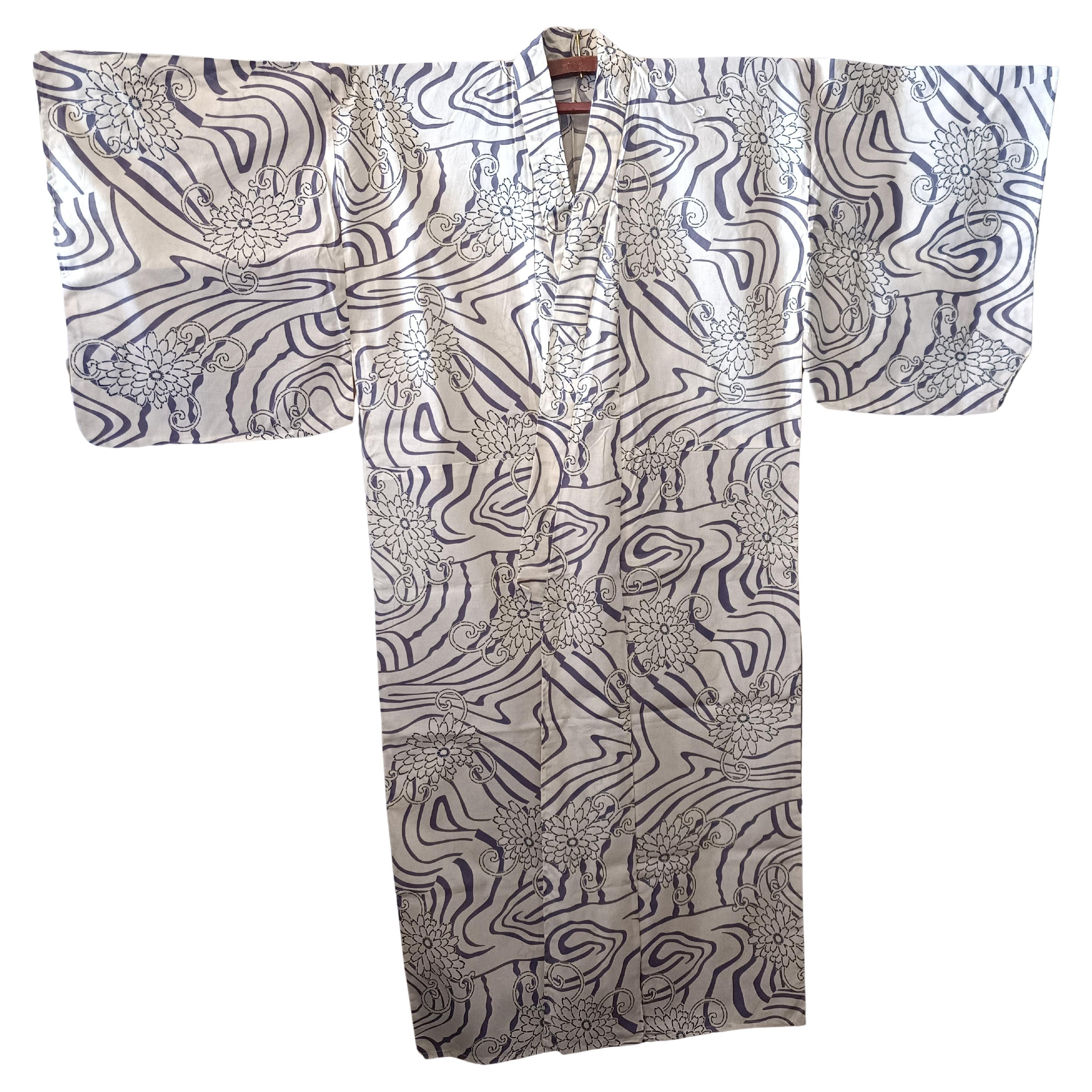 Japanese white yukata with flower and wave pattern