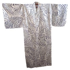 Japanese white yukata with flower and wave pattern