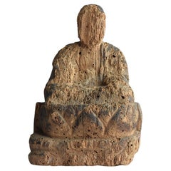 Japanese Withered Antique Buddha Statue / Wooden Bodhisattva / Wabisabi Art