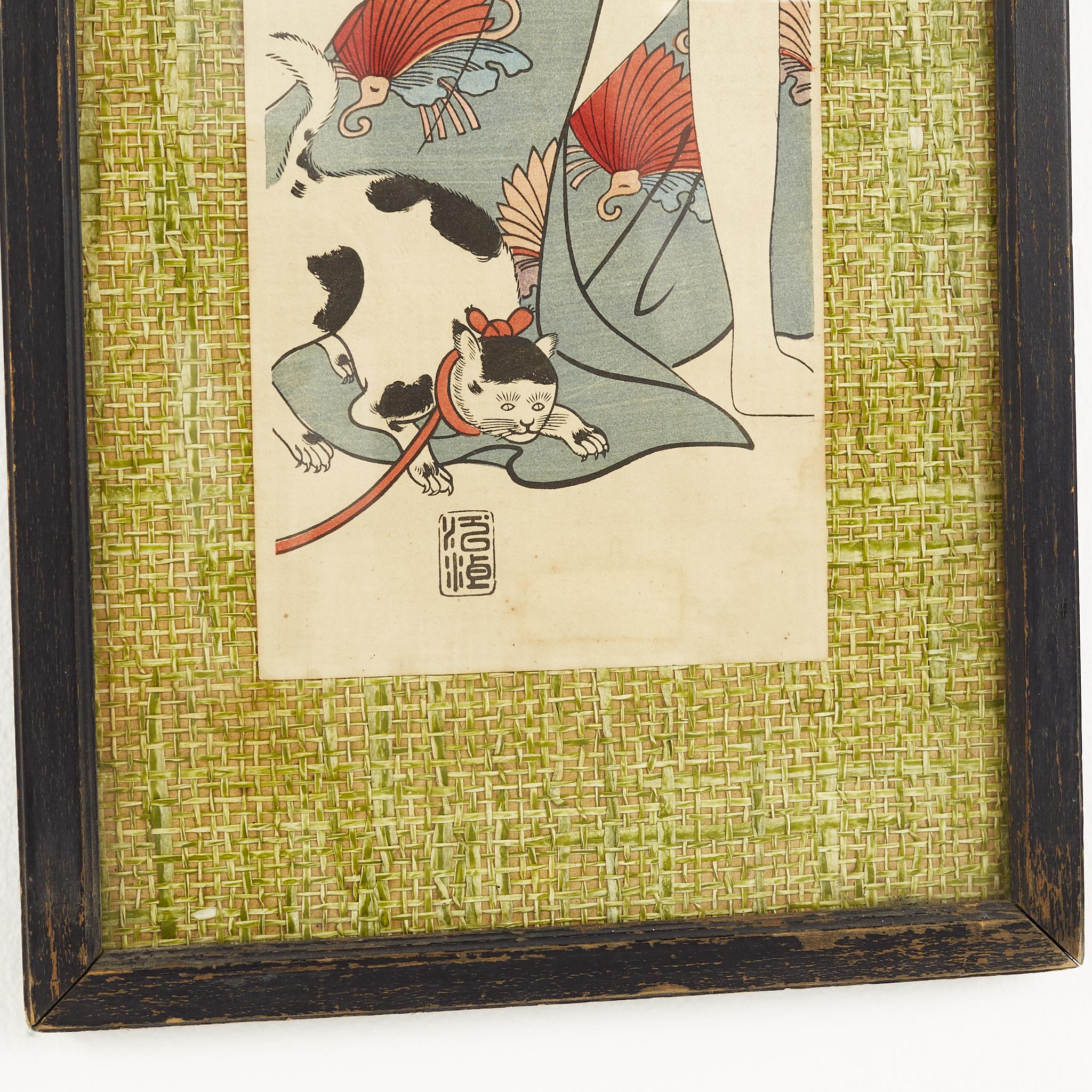 Japanese Woman in Kimono with Cat Art In Good Condition In Countryside, IL