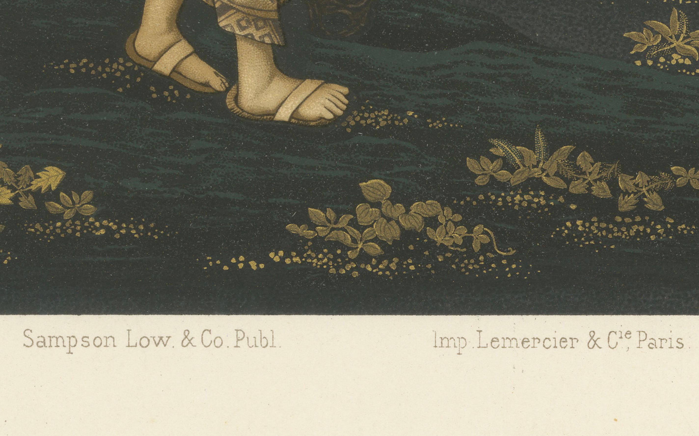 Titre : Femme japonaise dans un bosquet de fleurs de prunier : Lithographie ancienne, années 1880

Description :
Cette élégante lithographie des années 1880 représente une femme japonaise drapée dans un kimono aux motifs délicats, debout au milieu