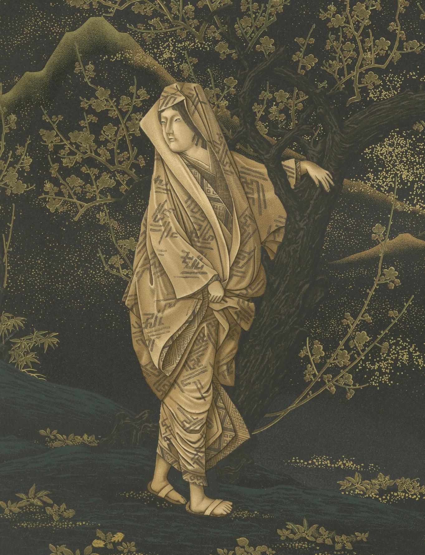 Fin du XIXe siècle Femme japonaise dans un bosquet de pruniers en fleurs : Lithographie ancienne, années 1880 en vente