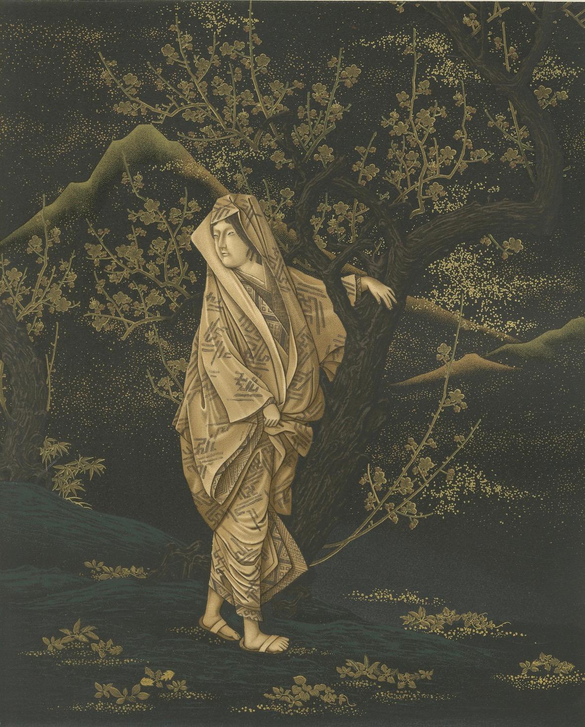Papier Femme japonaise dans un bosquet de pruniers en fleurs : Lithographie ancienne, années 1880 en vente