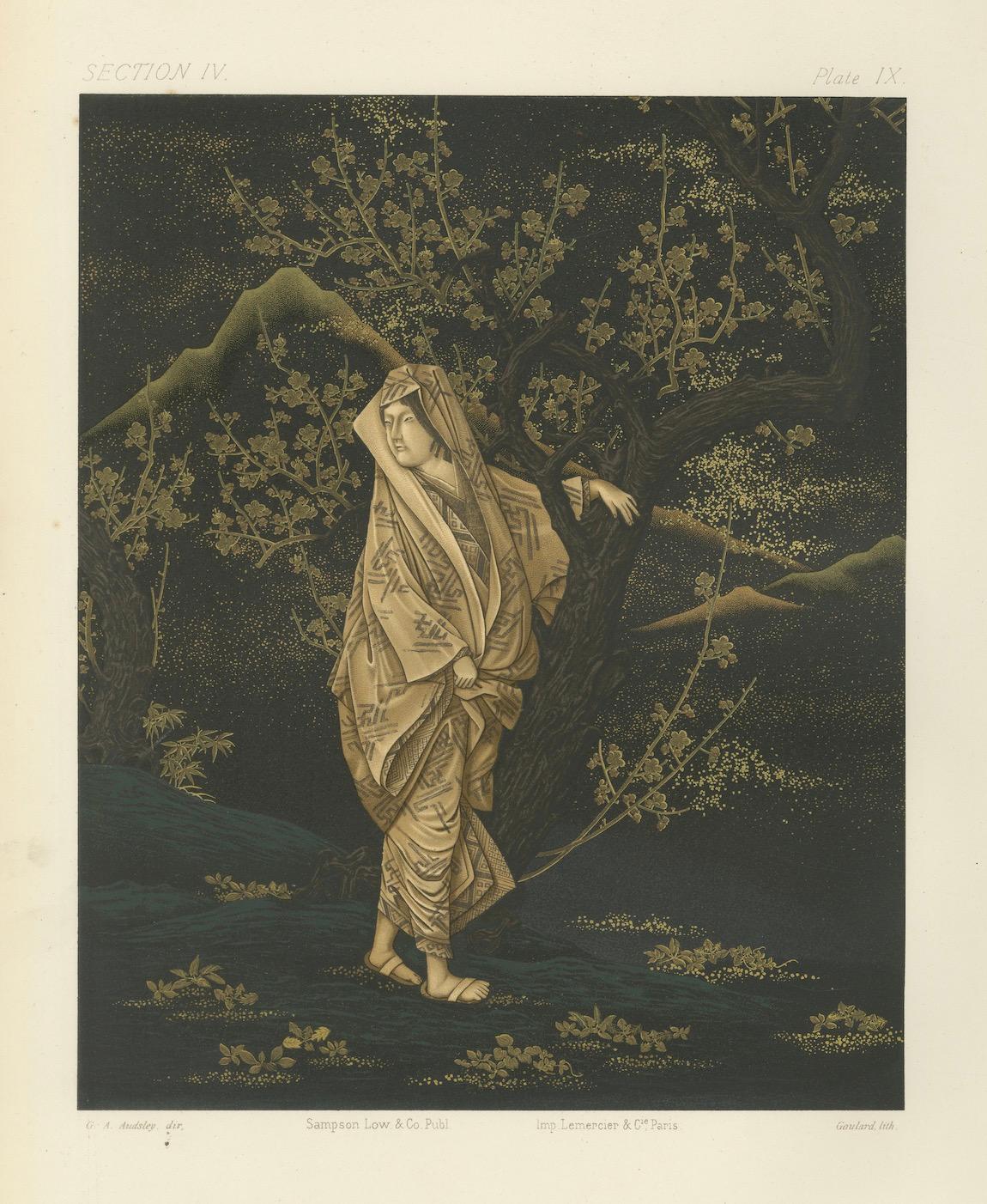 Femme japonaise dans un bosquet de pruniers en fleurs : Lithographie ancienne, années 1880 en vente 1