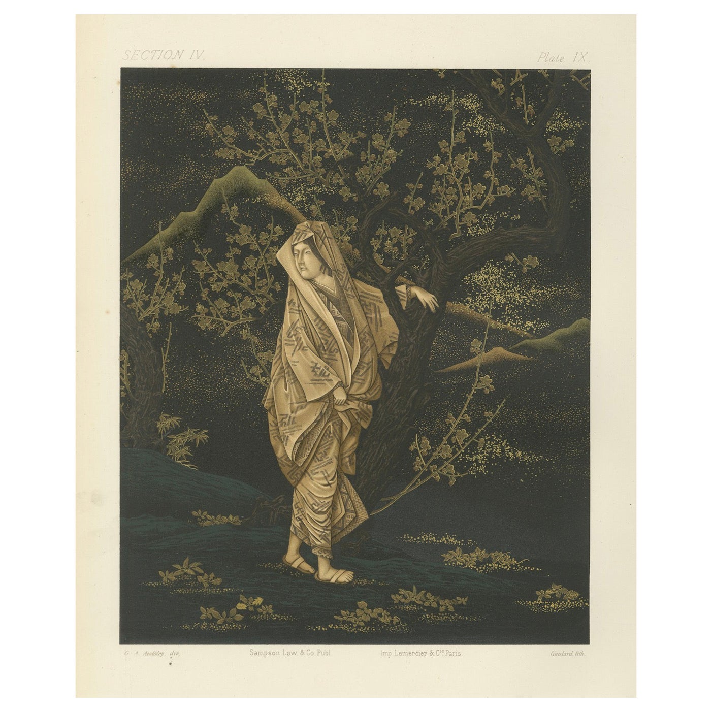 Japanese Woman in Plum Blossom Grove: Antique Lithograph, 1880s