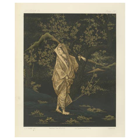 Japanese Woman in Plum Blossom Grove: Antique Lithograph, 1880s