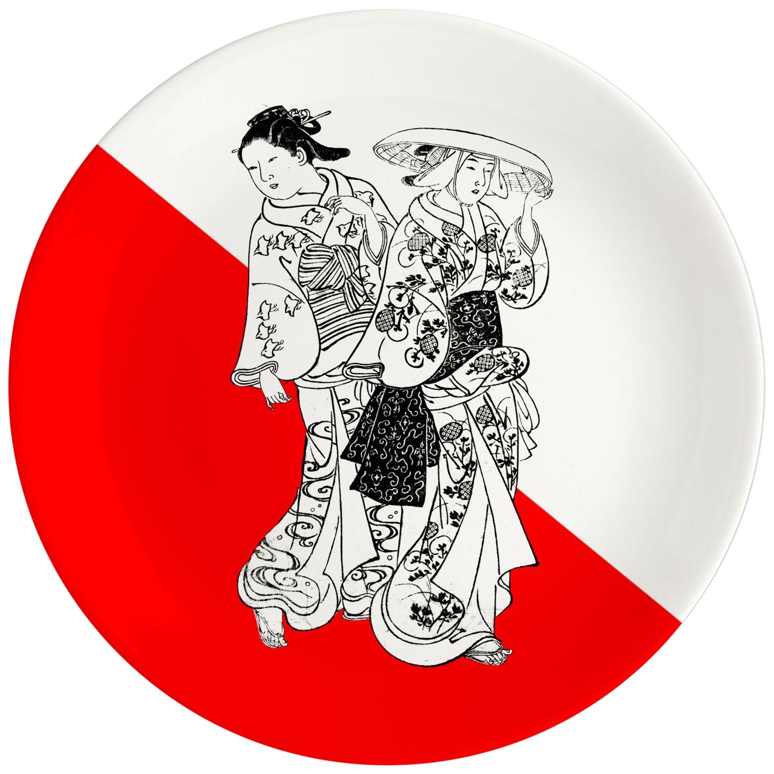 Japanese Women Porcelain Dinner Plate by Plus Lab, Made in Italy For Sale