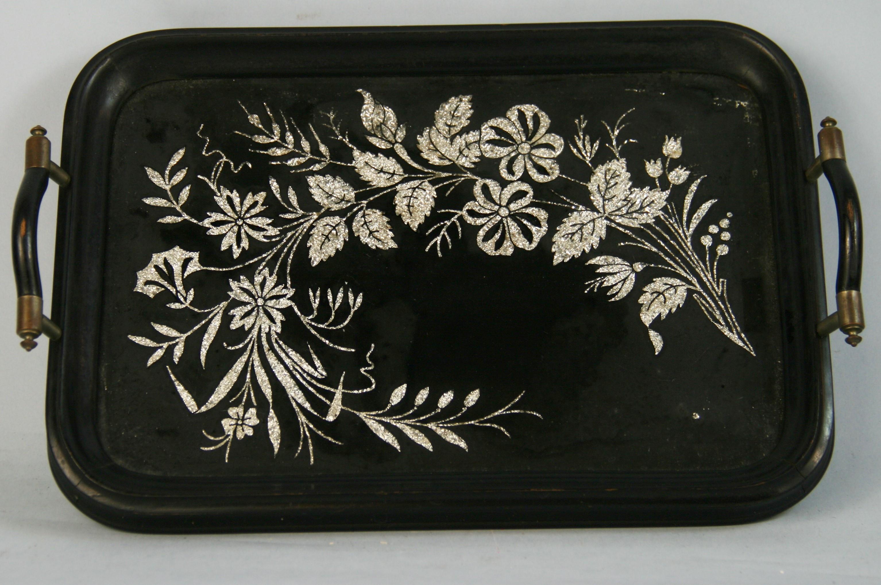 3-661 Japanese wood tray with silver inlay under glass.
Wood and silvered brass handles.
