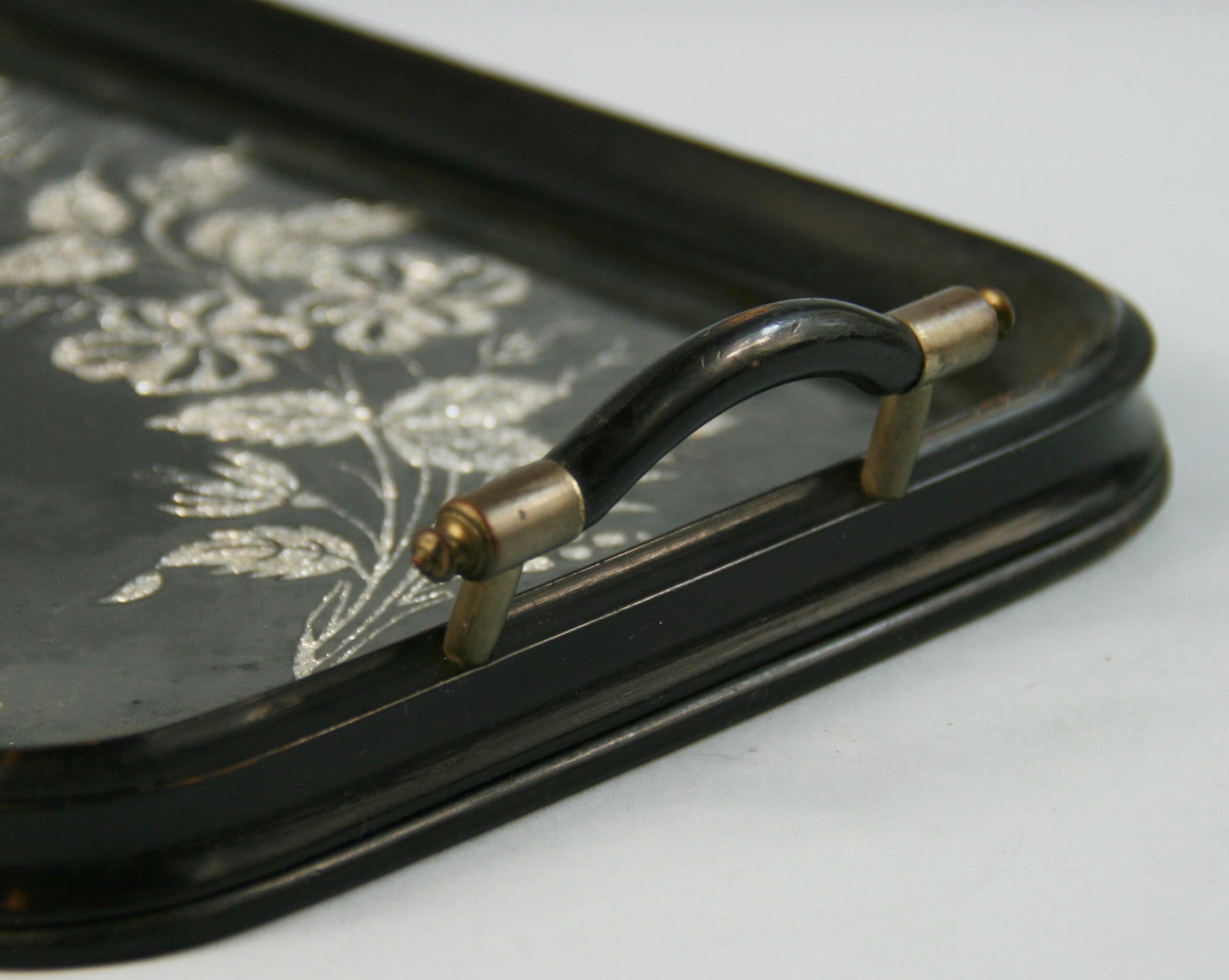 Glass Japanese Wood and Silver Serving Tray