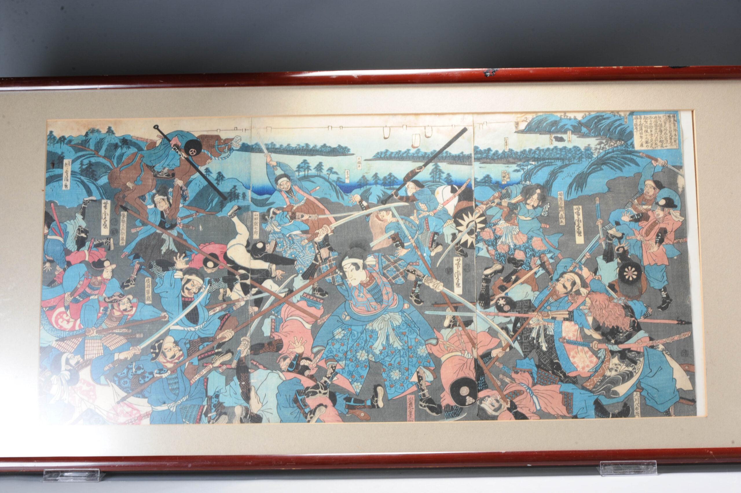 Grabado japonés en bloque de madera Artista Utagawa Kuniyoshi - Escena de batalla Ukiyo-e Japonés en venta