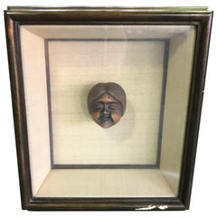 Japanese Wood Carved Okame Woman Netsuke in Display Frame