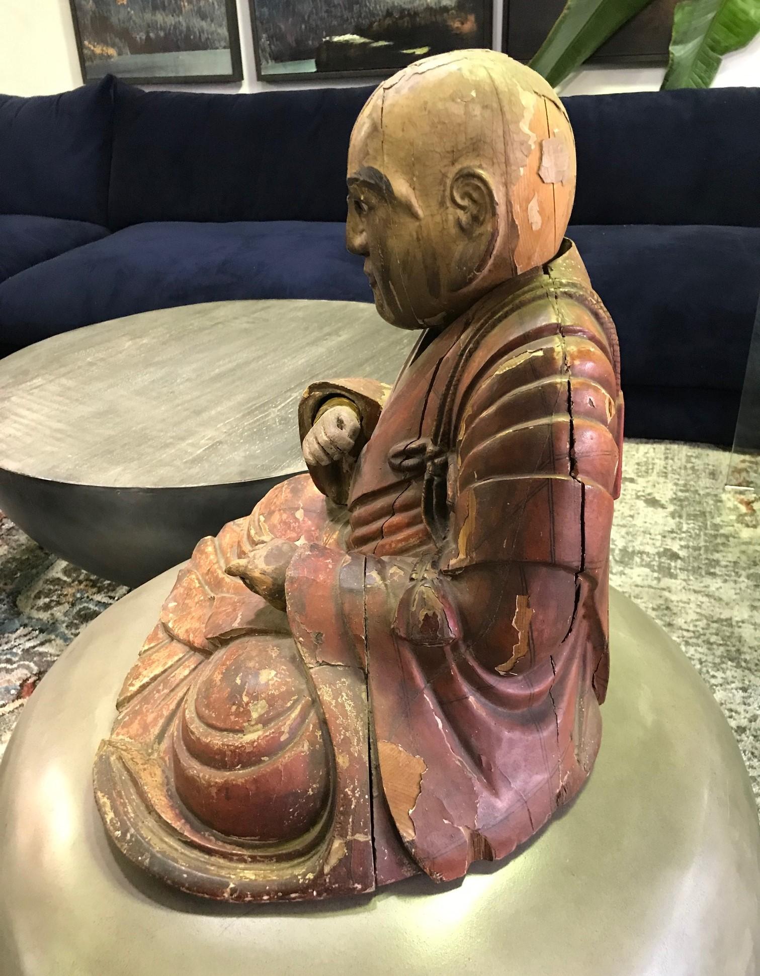 18th Century and Earlier Japanese Wood Carved Polychrome Sculpture of a Seated Temple Monk, Edo Period For Sale