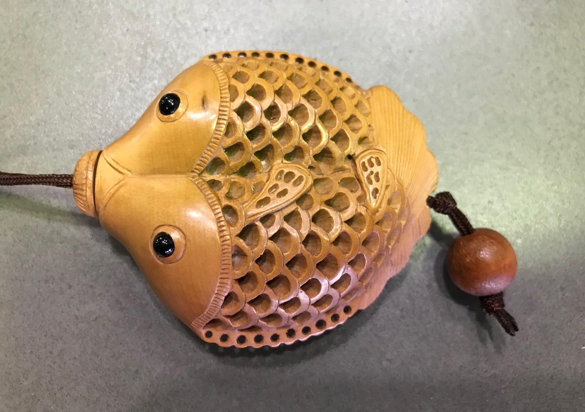 Showa Japanese Wood Carving Koi Double Fish Netsuke or Medicine Box with Black Eyes