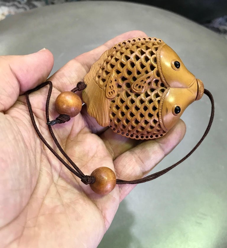 Japanese Wood Carving Koi Double Fish Netsuke or Medicine Box with