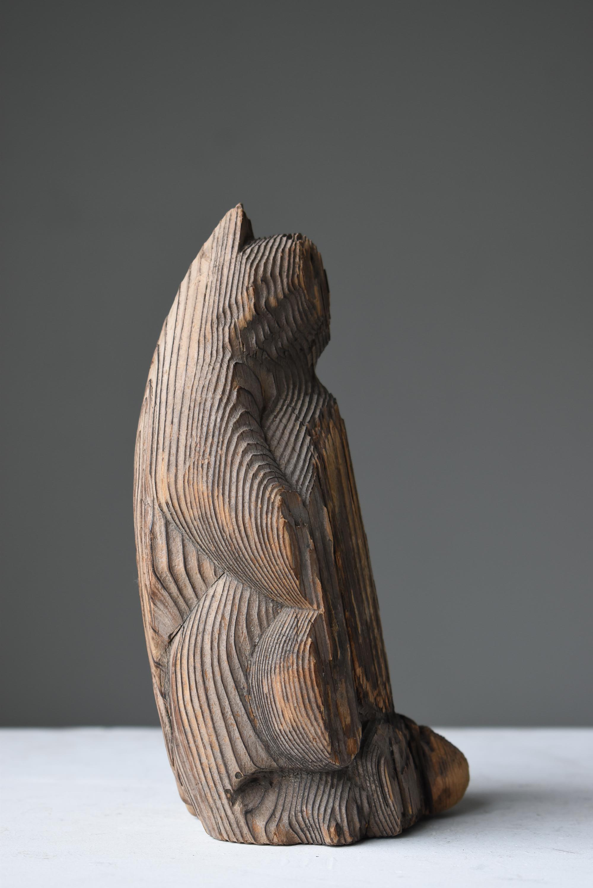 Japanese Antique Wood Carving Raccoon Dog 1900s-1940s / Sculpture Wabi Sabi For Sale 3