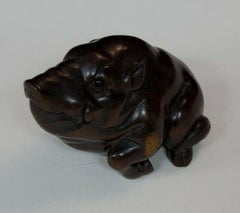 Japanese Wood Netsuke " The Pig "by Yoshitoshi Late Meiji Era