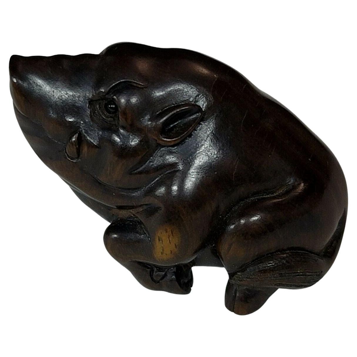 Japanese Wood Netsuke " The Pig "by Yoshitoshi Late Meiji Era For Sale