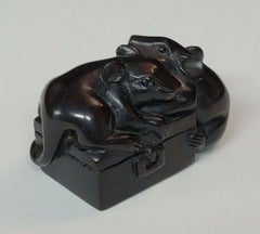 Japanese Wood Netsuke " Two Rats " by Yoshitoshi Late Meiji Era