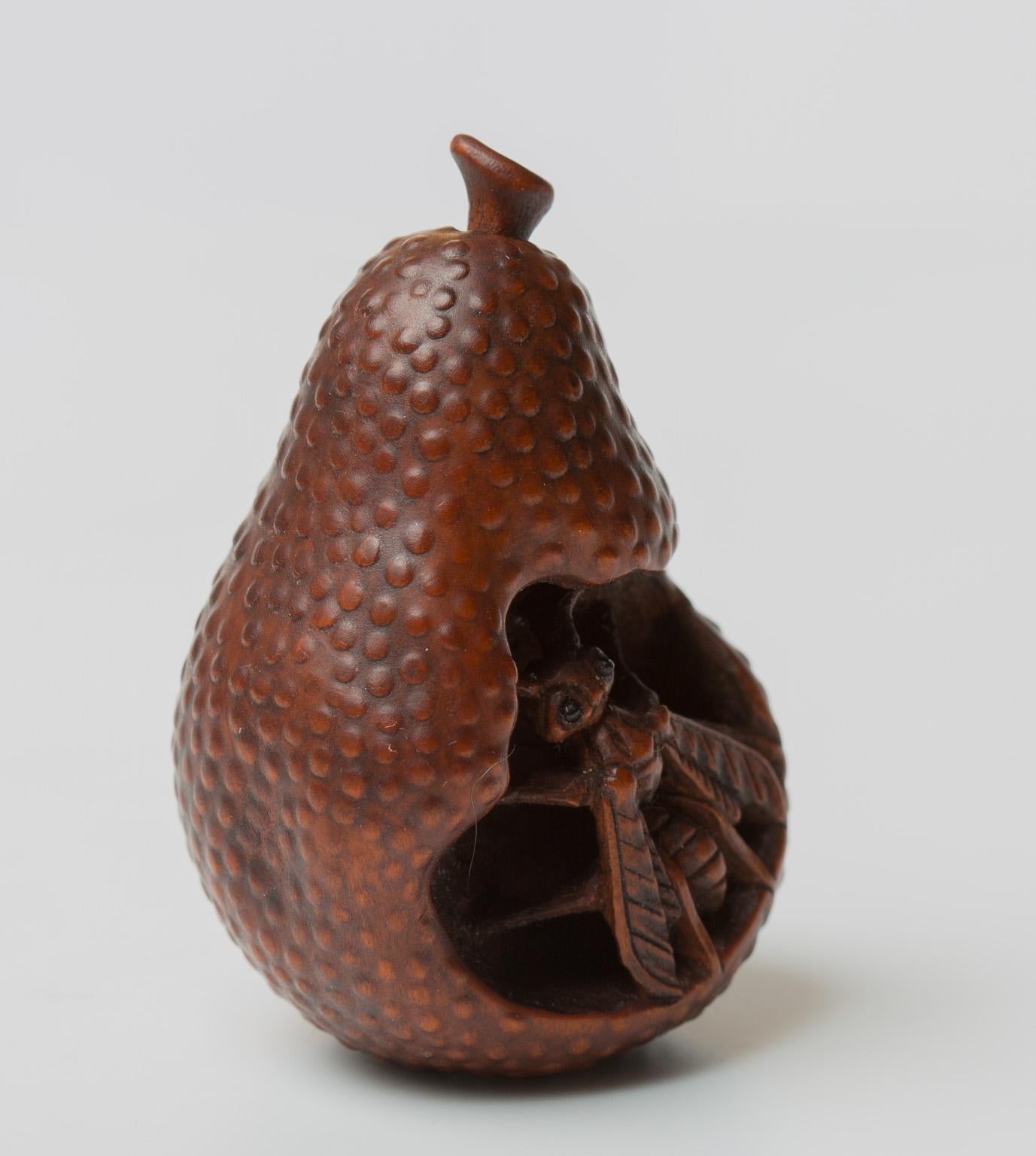 Japanese Wood Netsuke with a Wasp in a Pear, Nagoya School, 19th Century 3