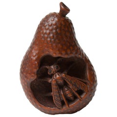 Japanese Wood Netsuke with a Wasp in a Pear, Nagoya School, 19th Century