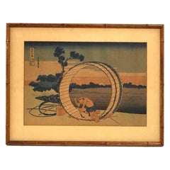Japanese Woodblock Print by Hokusai Katsushika of Barrel Maker & Mt Fugi 20thC