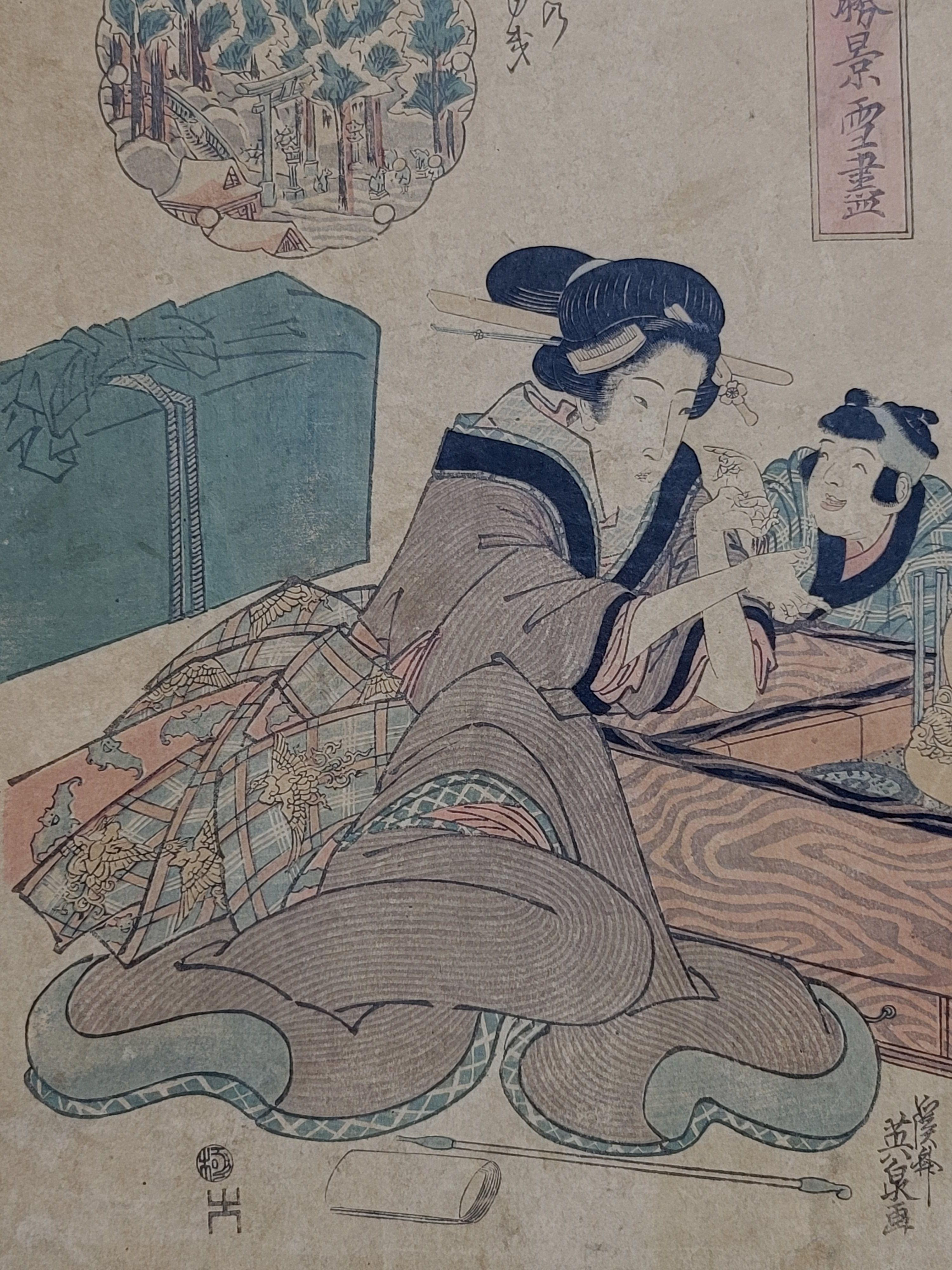 Japanese Woodblock Print by Keisai Eisen ?? ?? (1790~1848), original and unframed.

ABOUT THE ARTIST

Keisai Eisen (?? ??, 1790–1848) was a Japanese ukiyo-e artist who specialized in bijin-ga (pictures of beautiful women). His best works,