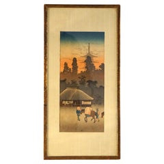 Japanese Woodblock Print by Shotei Hiroaki “Travelers Approaching Tea House"
