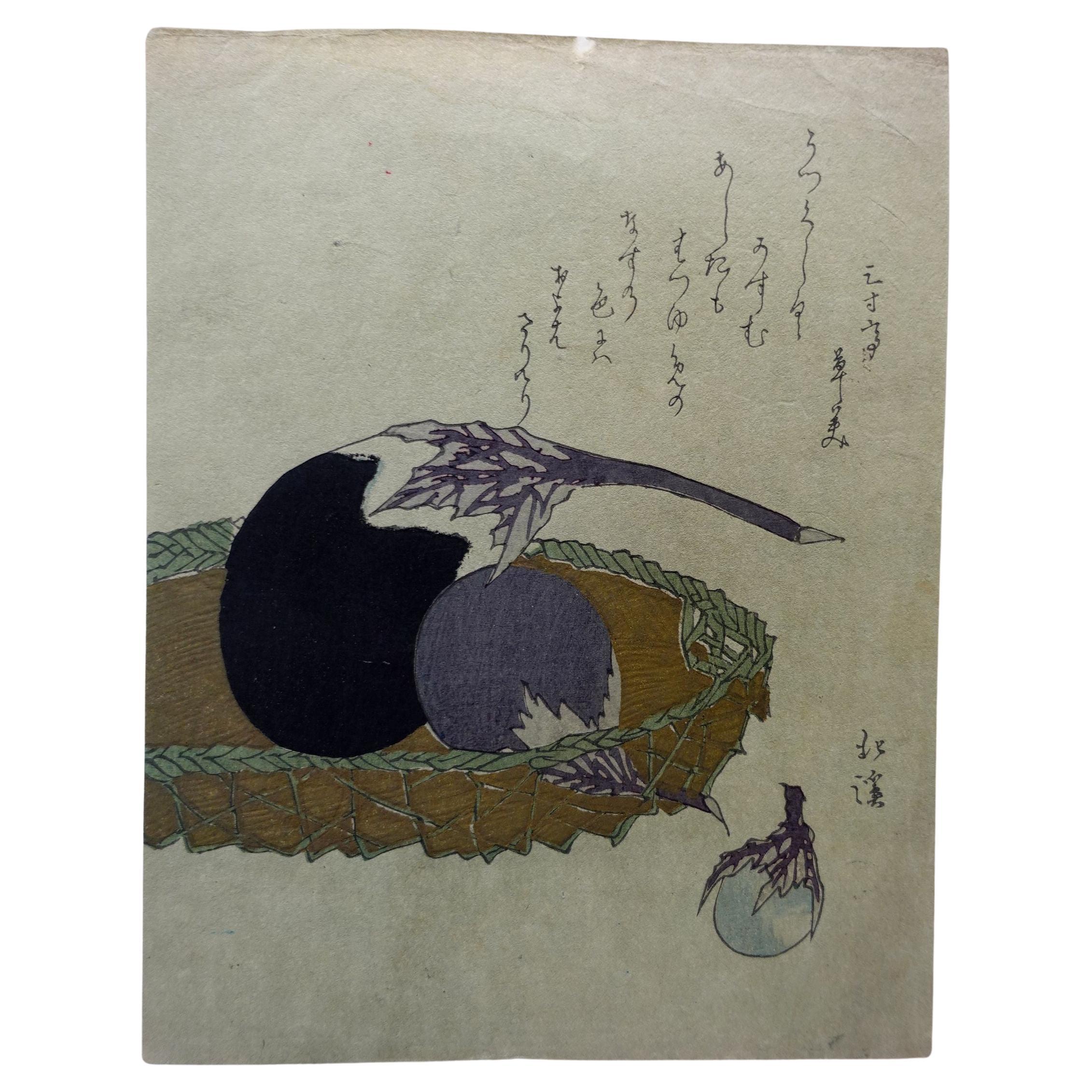 Japanischer Farbholzschnitt, Chuban-Größe "Auberginen" Totoya Hokkei 魚屋北溪 '1780-1850' im Angebot