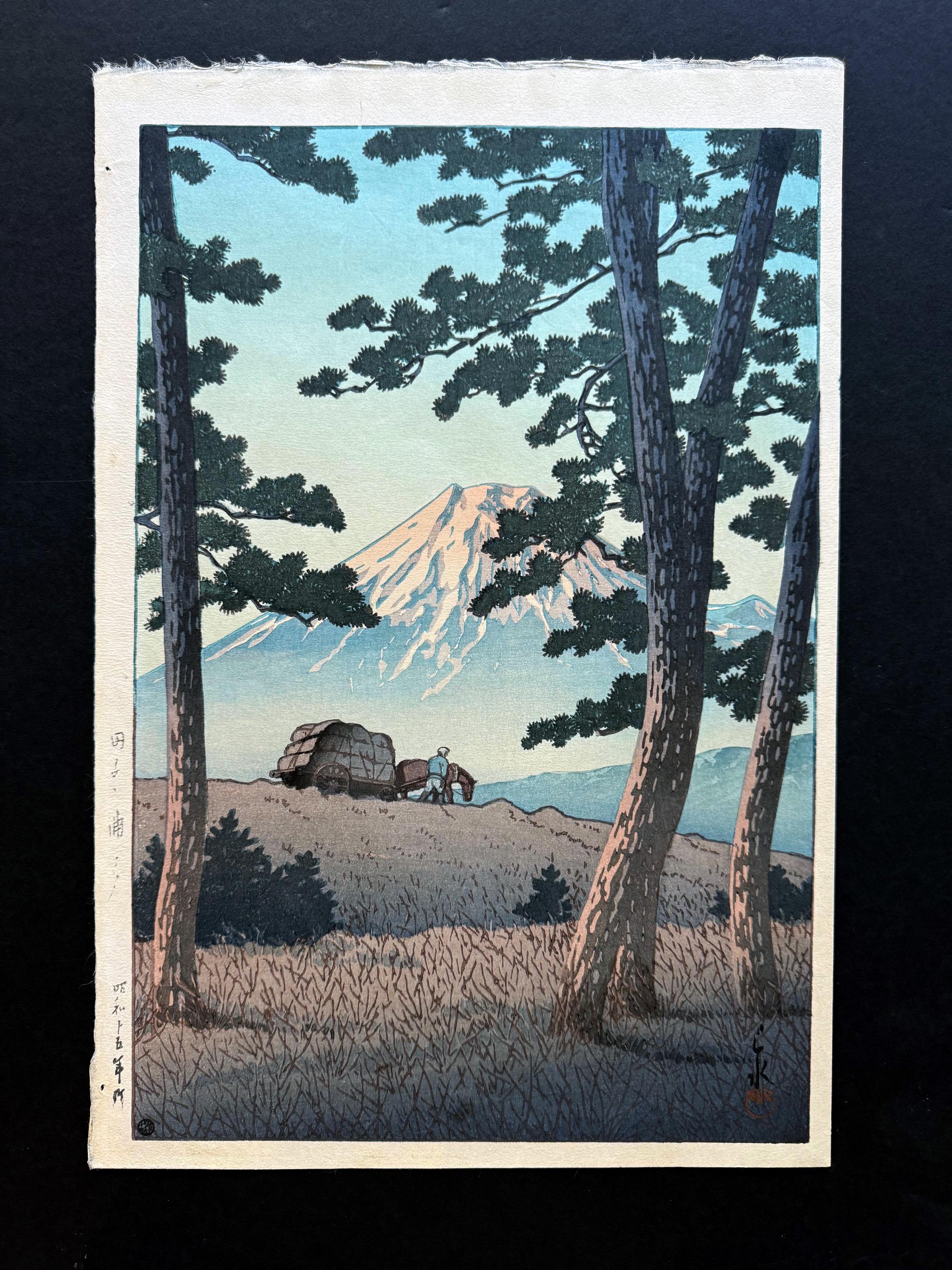 This print by Kawase Hasui (1883–1957), entitled Evening at Tago Bay (Tago no ura no yube), from the series Selected Views of the Tokaido Road (Tokaido fukei senshu) was created in Showa 15th year 1940. 
Consists of 26 prints, the series was created