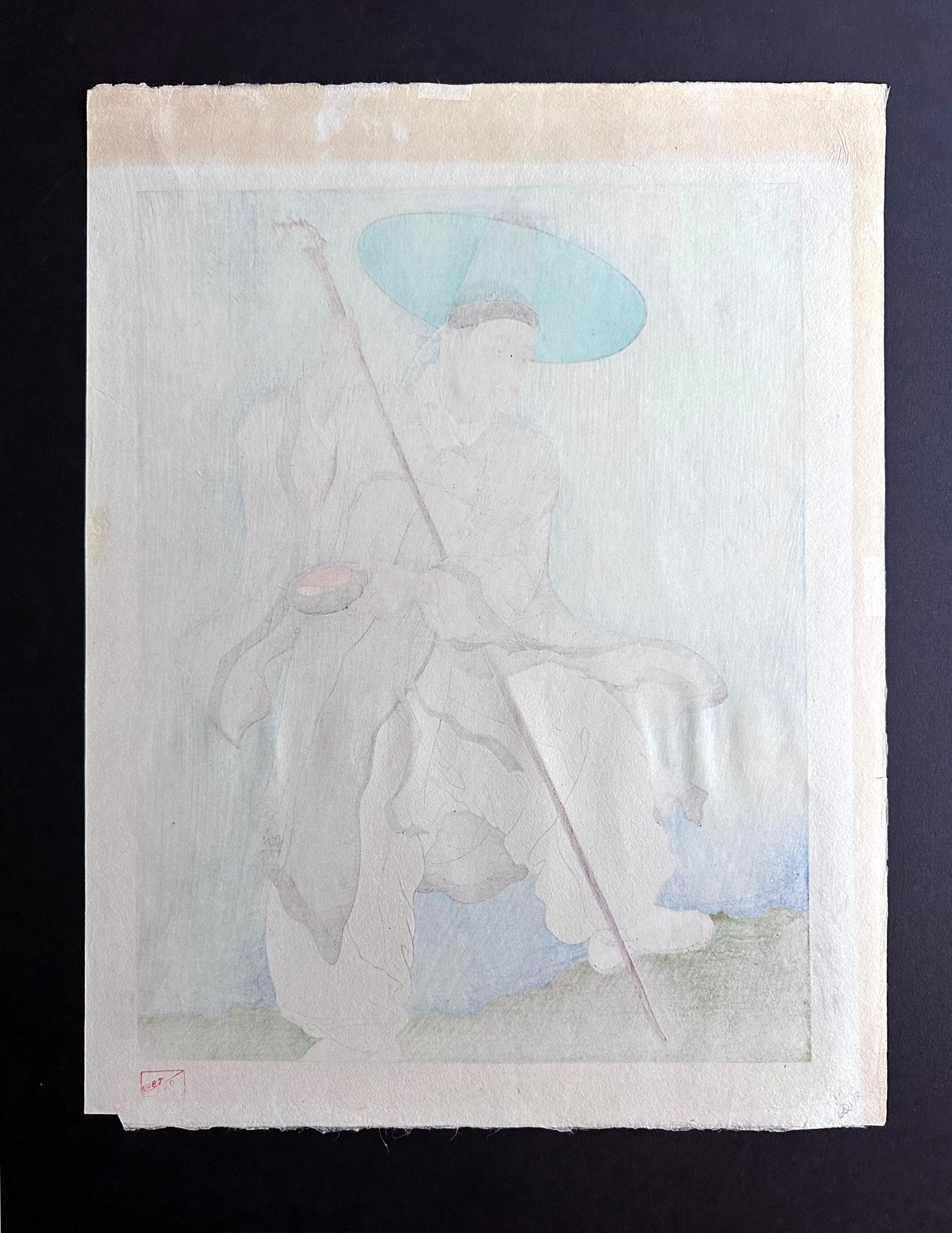 Japonisme Japanese Woodblock Print Le Bonze Errant by Paul Jacoulet en vente