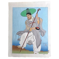 Vintage Japanese Woodblock Print Le Bonze Errant by Paul Jacoulet