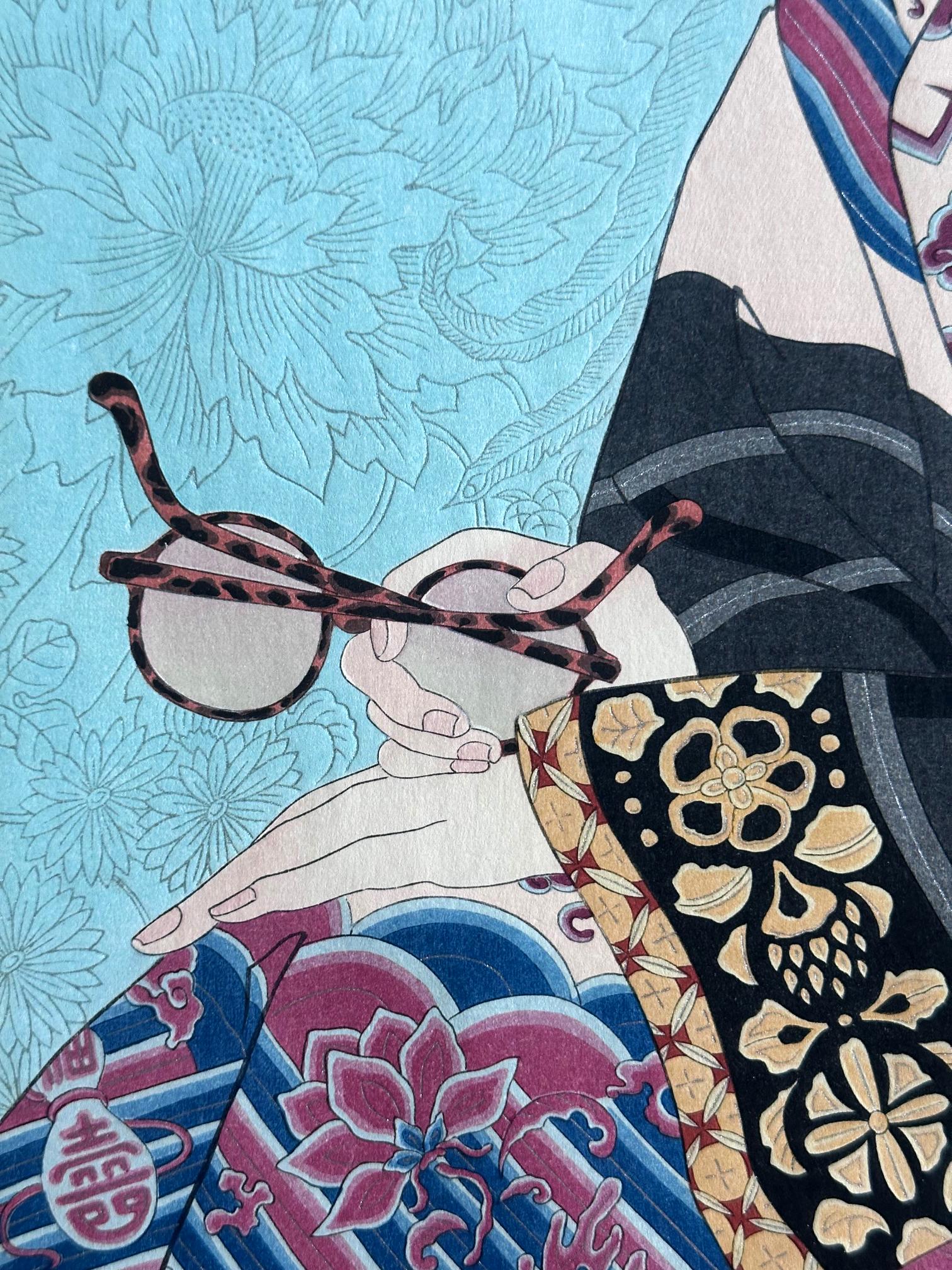 Milieu du XXe siècle Japanese Woodblock Print Le Mandarin Aux Lunettes by Paul Jacoulet en vente