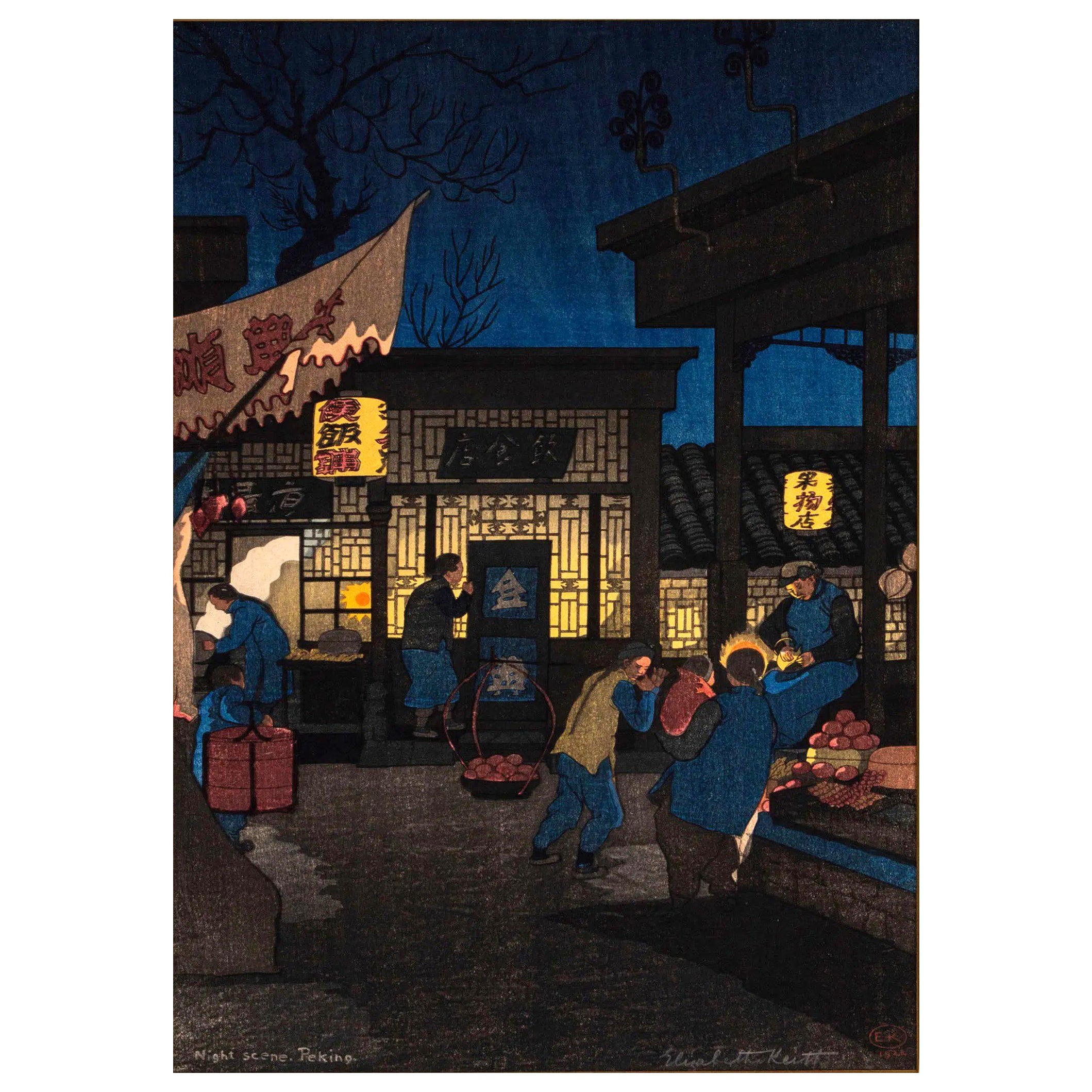 Japanese Woodblock Print Night Scene Peking by Elizabeth Keith For Sale