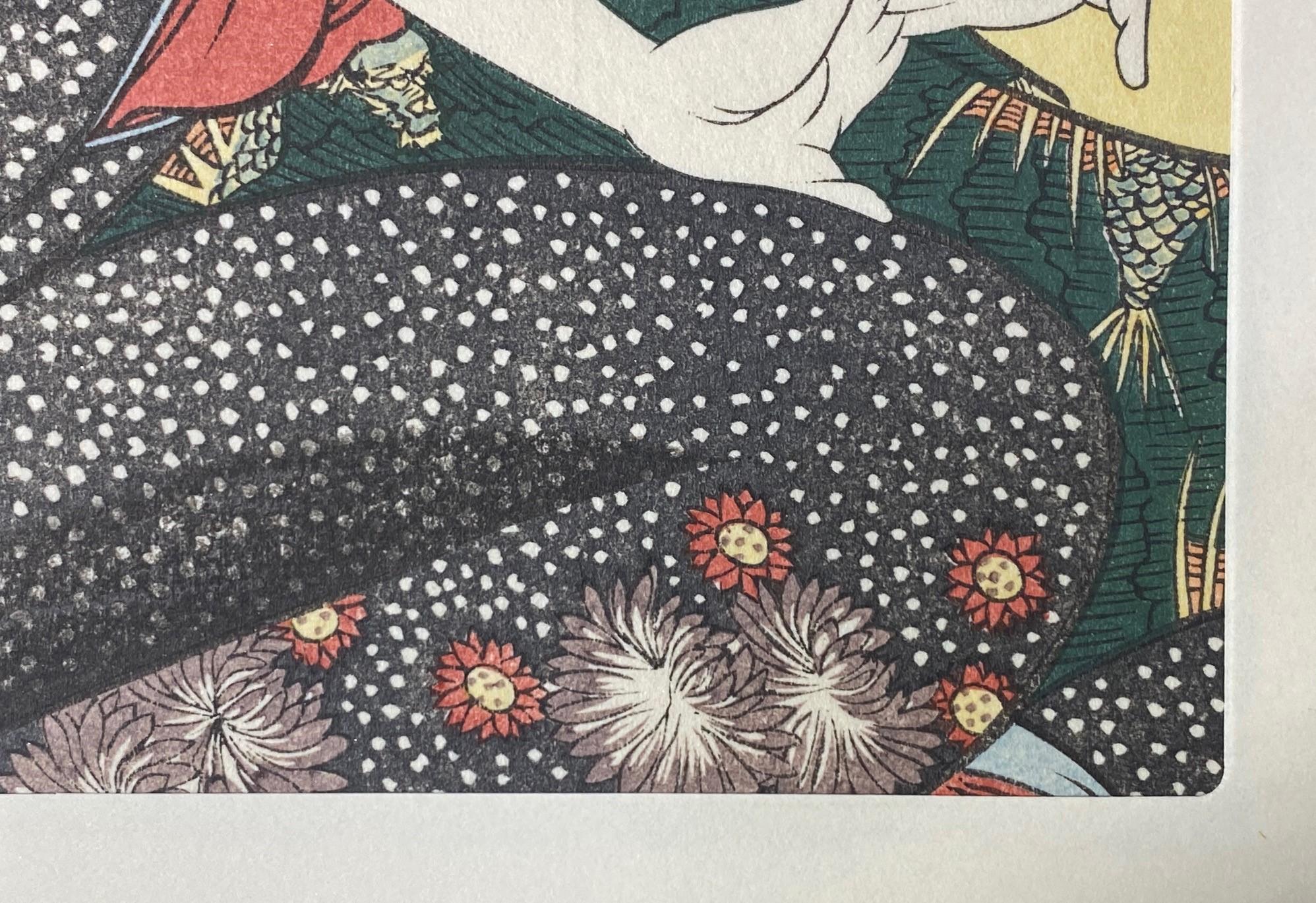 Japanischer Holzschnitt mit gelben Haarnadeln und Kimono, Edo-Geisha im Angebot 4